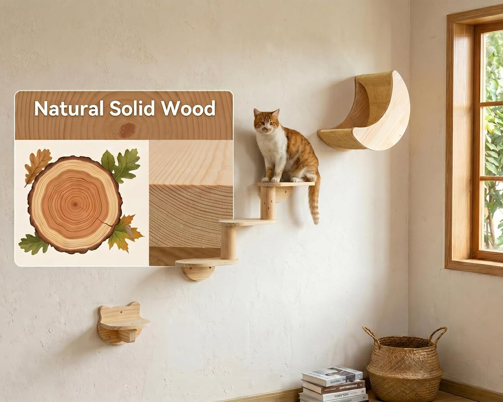 Cat Wall Shelves, Solid Wood Moon Bed, 3-Step Ladder & Perch for Climbing