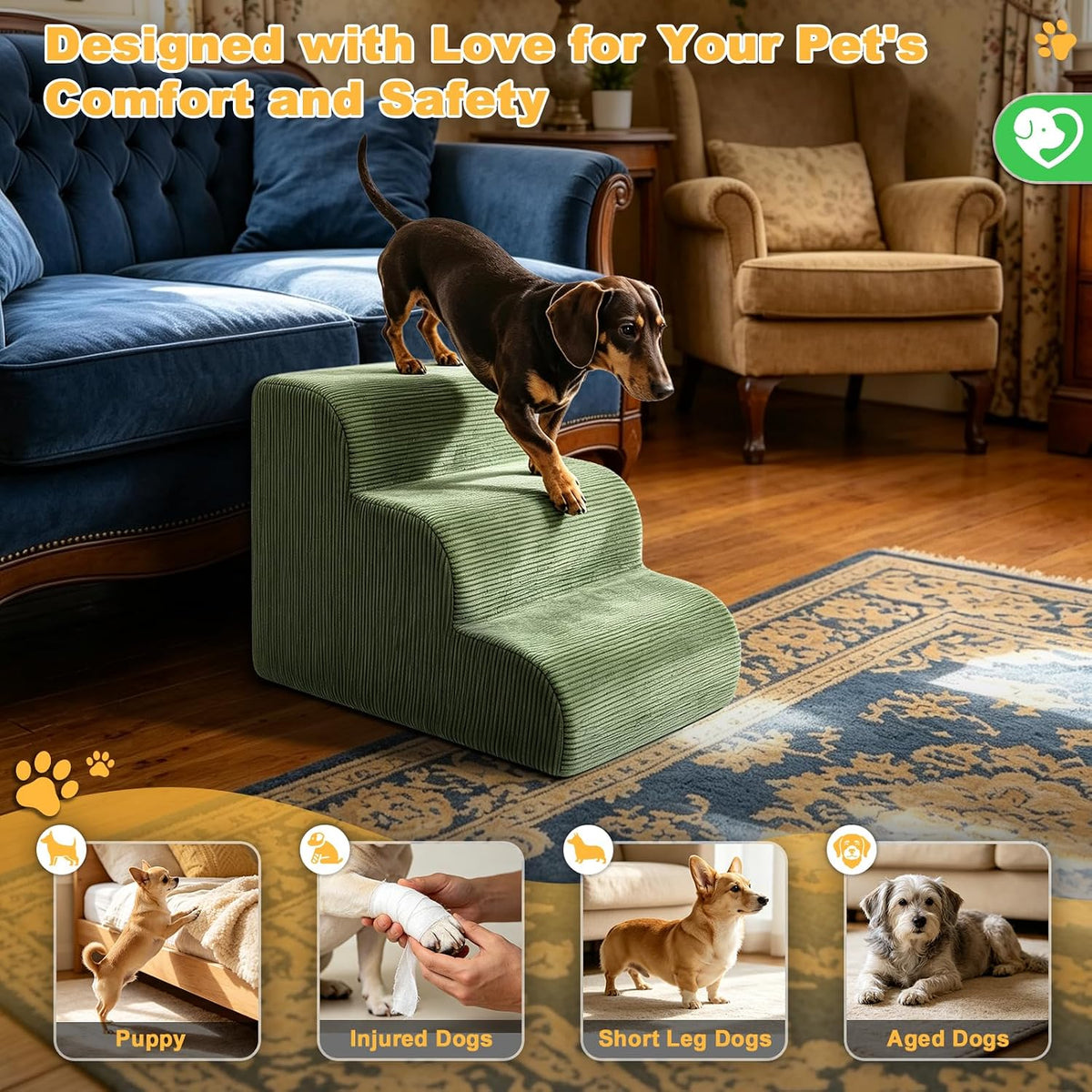 Dog Stairs for Small Dogs, 3-Steps Pet Ramp for Couch Bed, 15" H