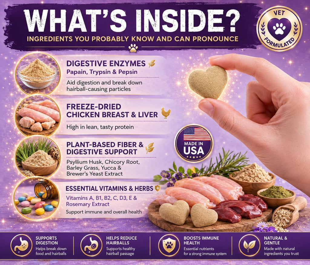 Freeze-Dried Hairball Removal Cat Treats - Digestive Enzyme Blend with Chicken & Natural Fiber, Supports Digestive Health & Reduces Hairballs