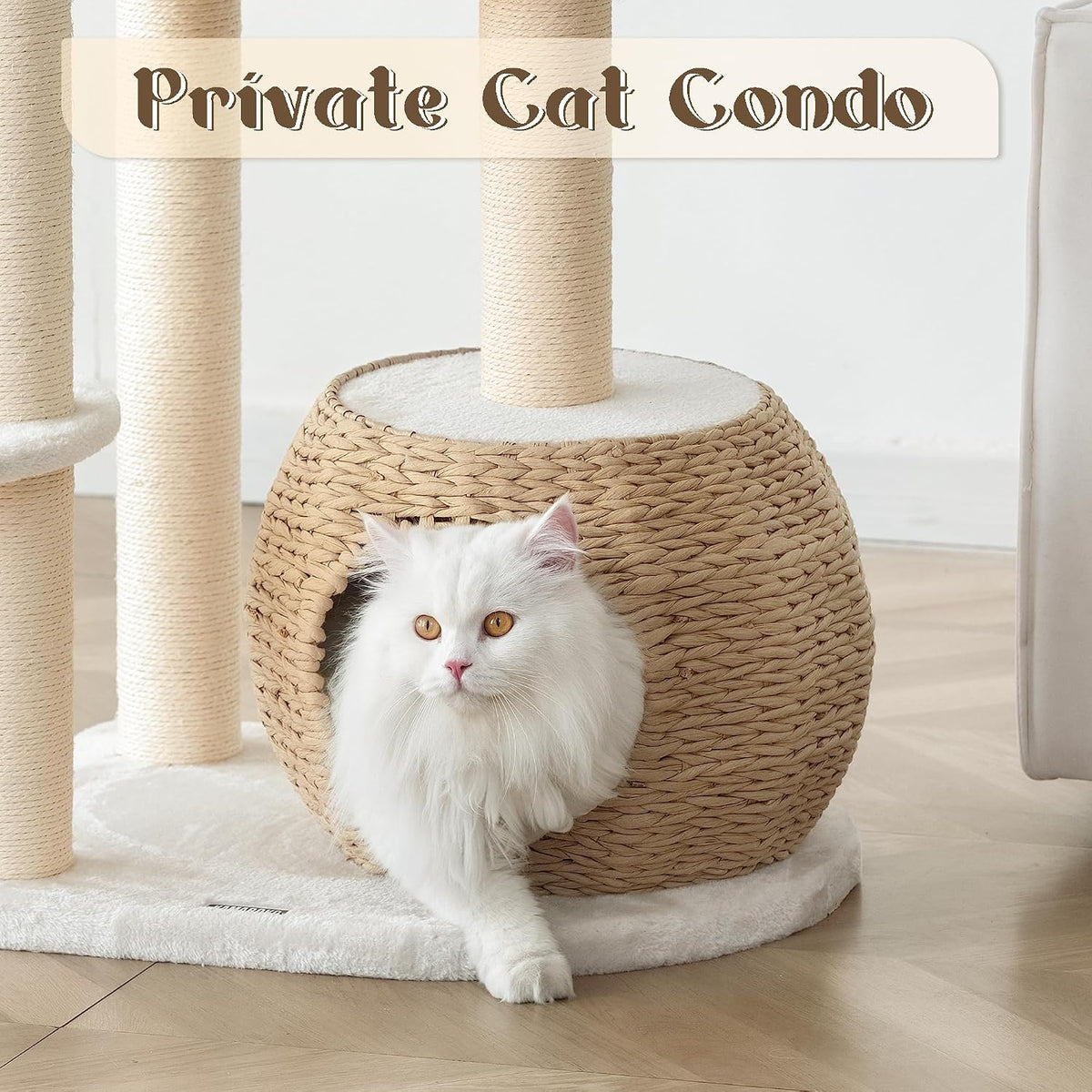 KAMABOKO Modern Cat Tree, Hand-Woven Condo & Top Perch,cat Houses & Condos