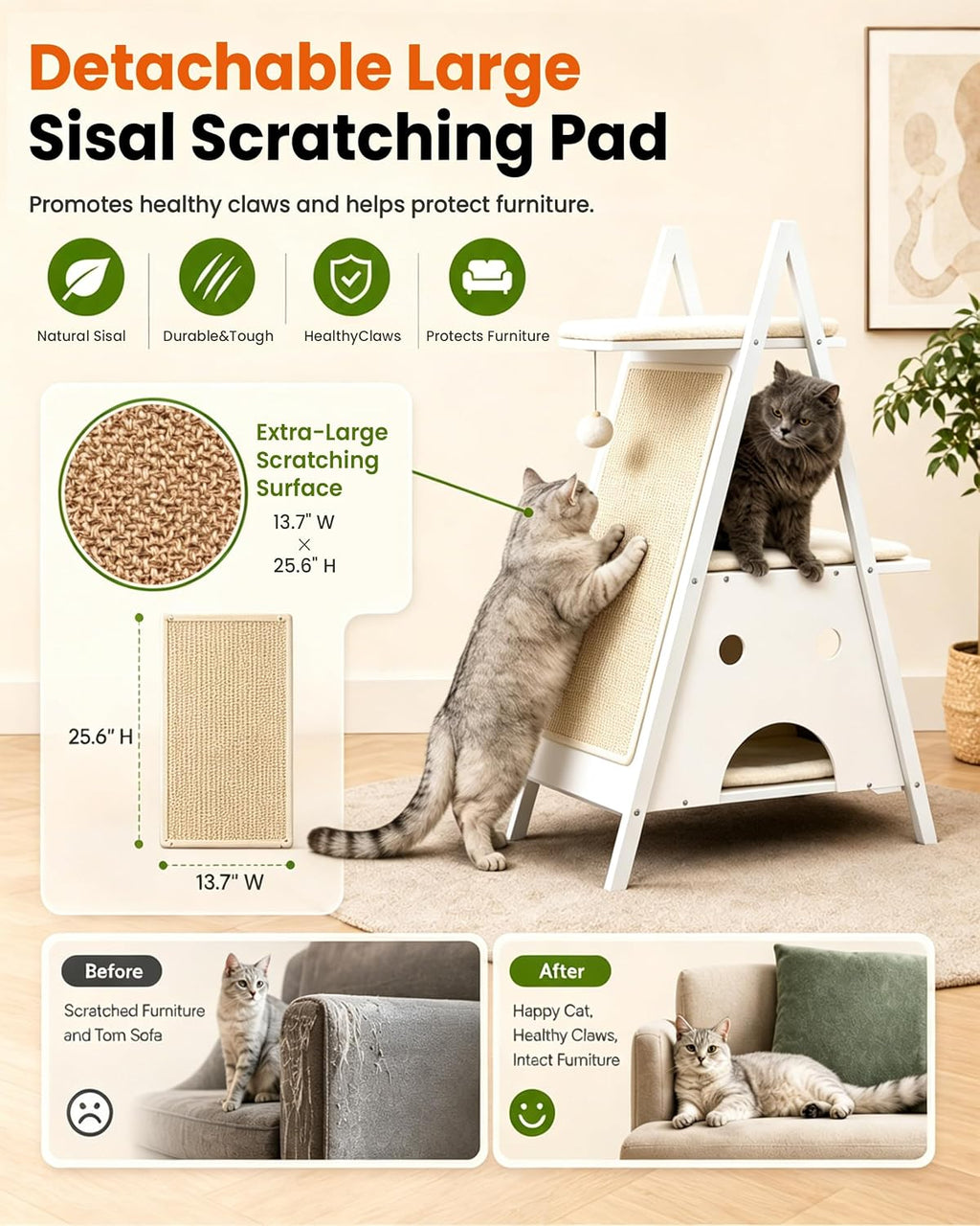 Modern Wood Cat Tree Tower for Indoor Cats Large Adult 67-in Tall