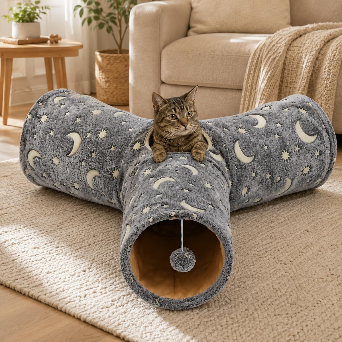 Cat Tube Tunnel with Plush Ball Toys Collapsible Self-Luminous, for Cat Small Pets Bunny Rabbits, Kittens, Ferrets,Puppy and Dogs Grey Moon Star 3 Way