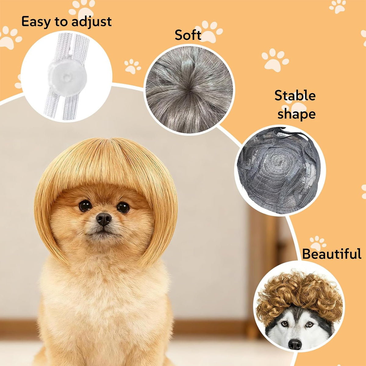 6 Pack Funny Cat and Dog Wigs, Soft Pet Cosplay Costume with Adjustable Straps, for Halloween Christmas Party Dress-Up, Ideal Gift for Pet Lovers