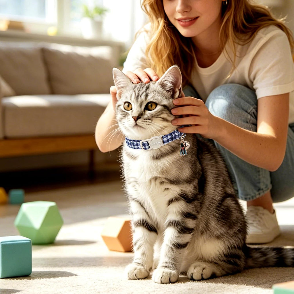 LIONET PAWS 2 Pack Breakaway Cat Collars, Cute Soft Cotton Plaid Gingham & Blue Stripe Kitten Collars with Bell for Boy Girl Cats