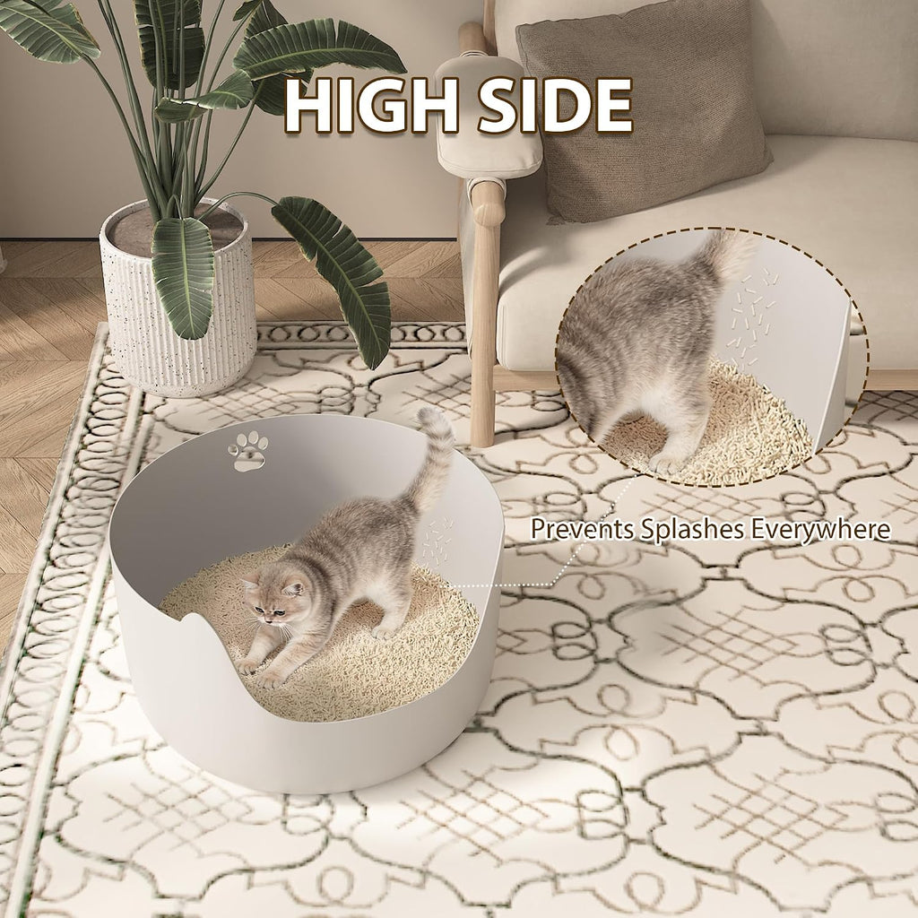 High Sides Low Entry Large Litter Pan (21.6x21.6x13.1 Inches), All-in-One Easy to Clean Plastic Litter Box for Kittens, Elderly & Large Cats, Doubles as Stylish Cat Bed, Grey