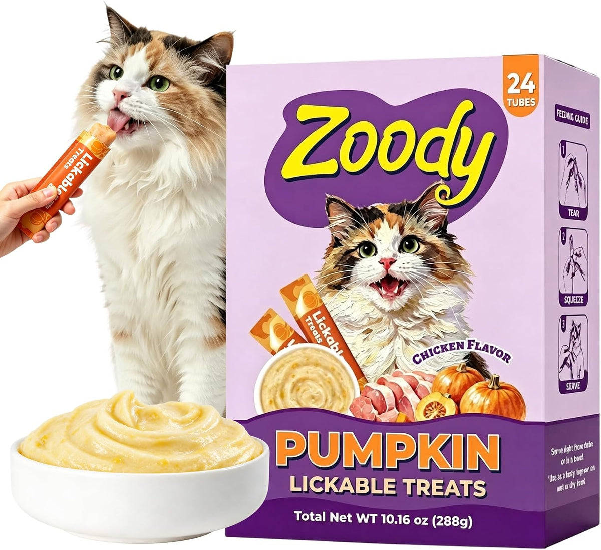 Zoody Pumpkin Lickable Cat Treats with Taurine, 24 Tubes, 0.4oz Each