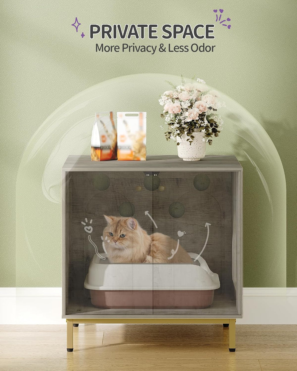 Hzuaneri Cat Litter Box Enclosure, Hidden Litter Box Furniture, Sisal Mat | Wooden Indoor Cat Cabinet, Modern Cat Washroom, Side End Table, for Living Room, Bedroom, Greige and Gold CB81205G