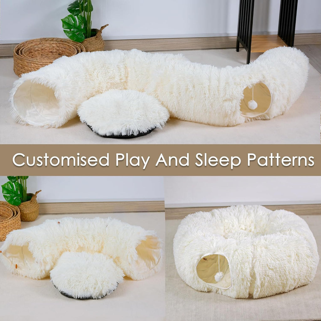 Peekaboo Cat Cave with Washable Mat, Collapsible Cat Play Tunnel for Kittens & Small Pets, Plush Cat Donut Bed Tunnel, Beige