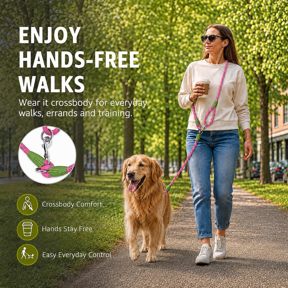 Hands Free Dog Leash Crossbody Dog Running Leash Handsfree Pet Rope for Hiking Training Heavy Duty Reflective Pet Walking Belt (Pink)