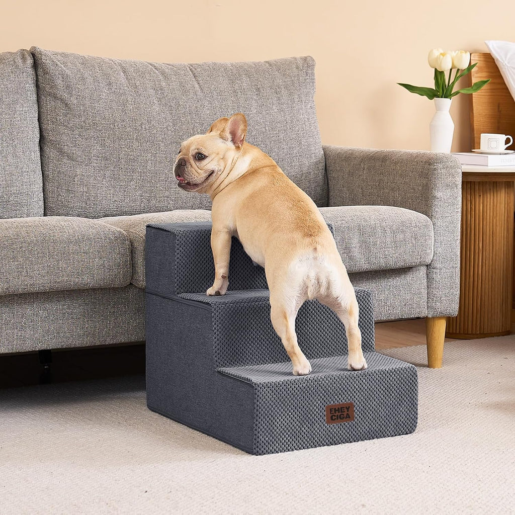 EHEYCIGA Dog Stairs for Small Dogs 16.5" H, 3-Step Extra Wide Ramp, Grey