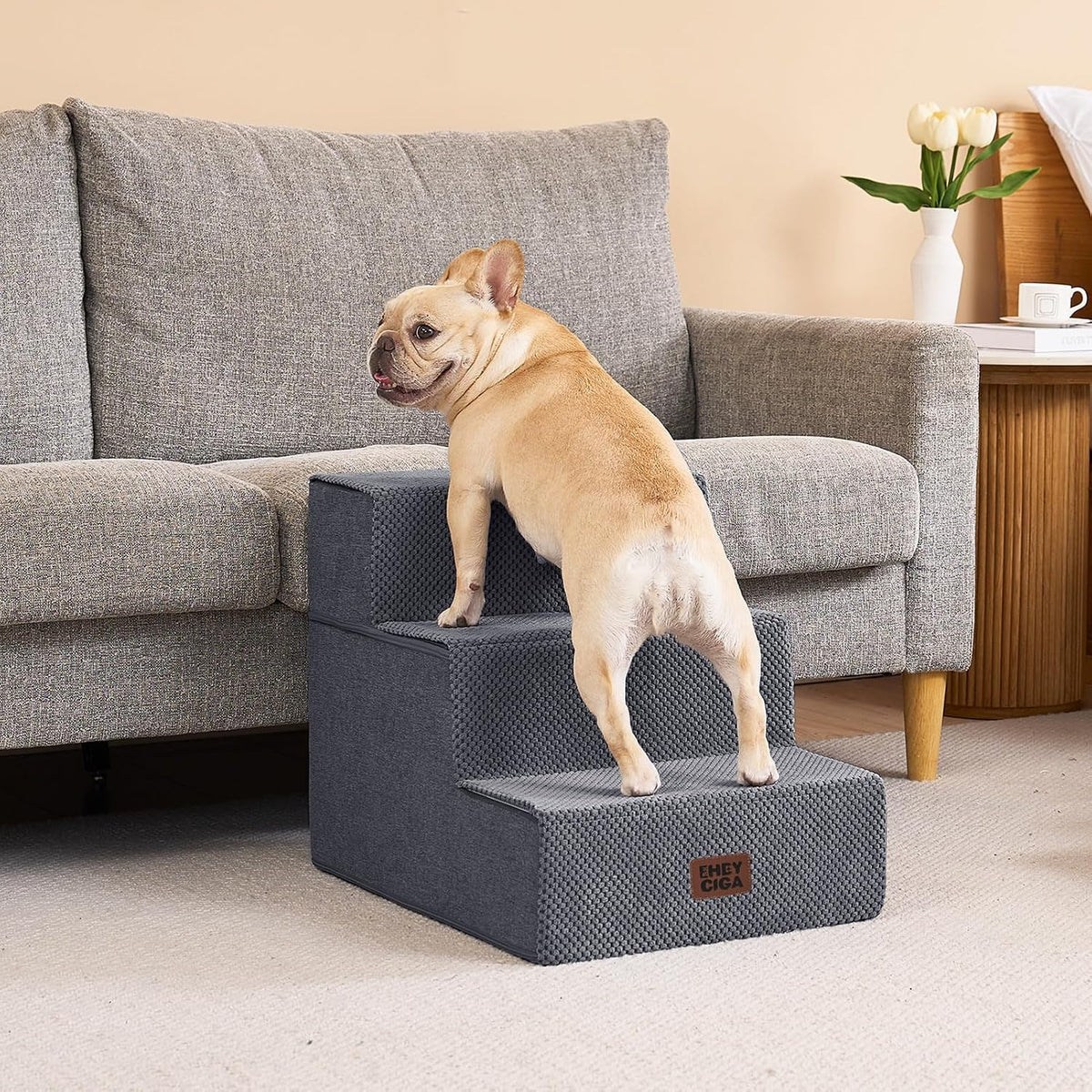EHEYCIGA Dog Stairs for Small Dogs 16.5" H, 3-Step Extra Wide Ramp, Grey