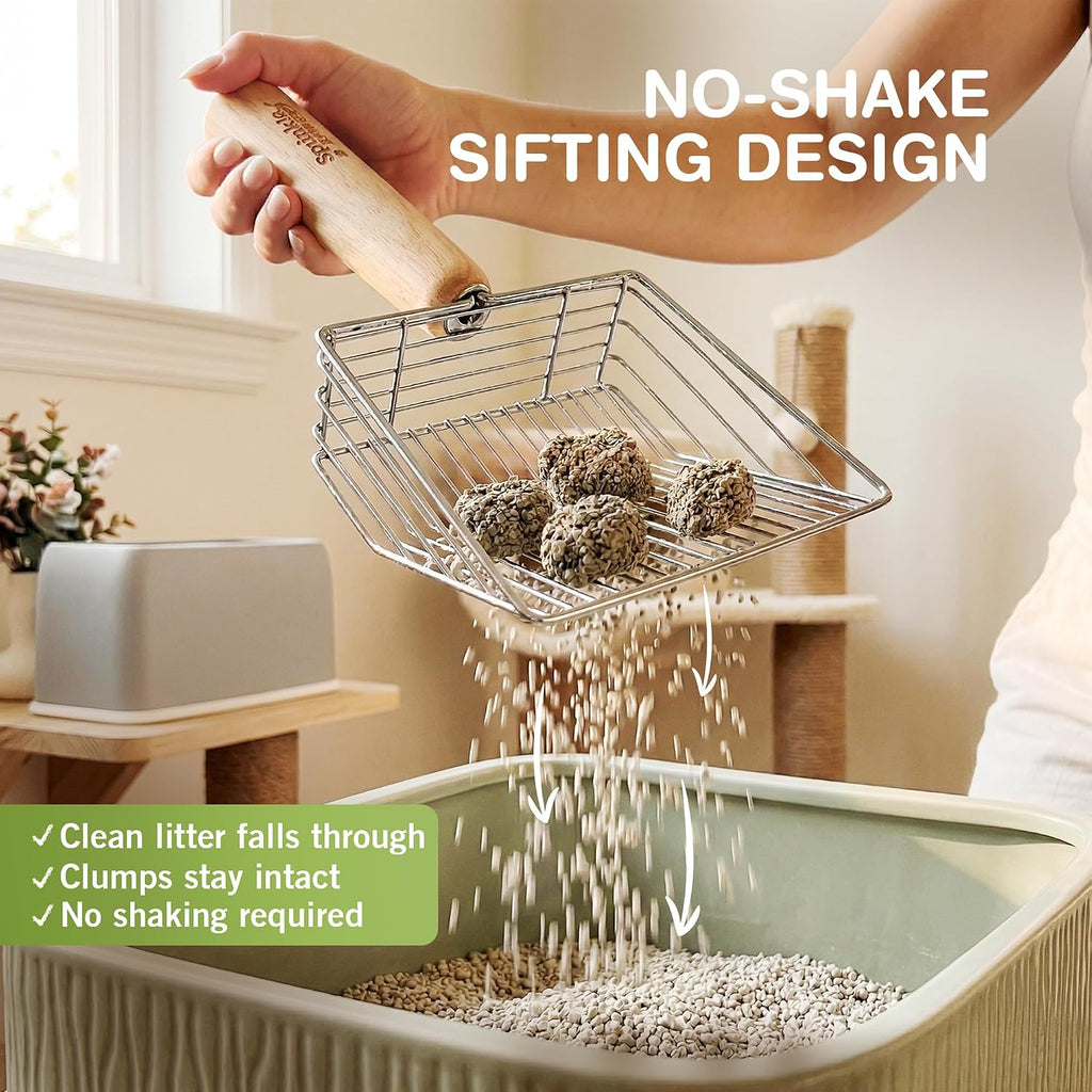 Sprinkle & Sweep: Litter Box Speed Sifter- 2 Pack - Metal Scoop, Comfortable Wood Grip, Washable Stand, Efficient Cleaning, Cat & Pet Maintenance