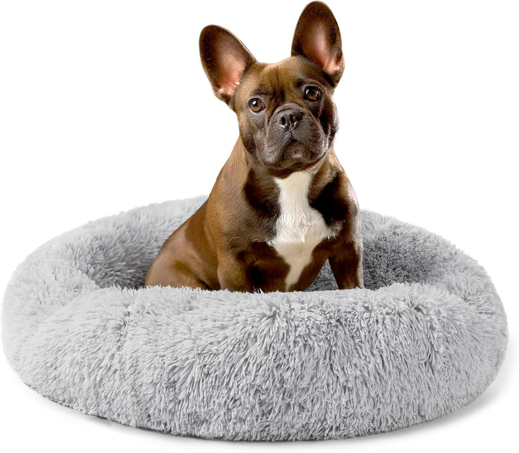 PetAmi Calming Donut Dog Bed, Washable Faux Fur, 23 Inch Small, Light Grey
