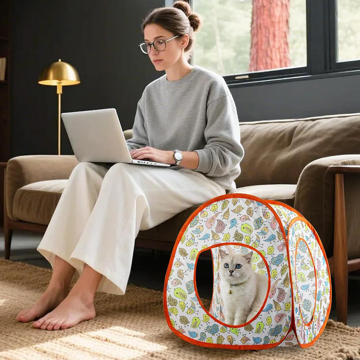 Andiker Cat Tent, 3 Holes Safe and Strong Cute Cats Tunnel Collapsible Easy to Carry Cat House for Indoor Cats Kittens Hiding Playing Training Sleeping (Tent Bird)