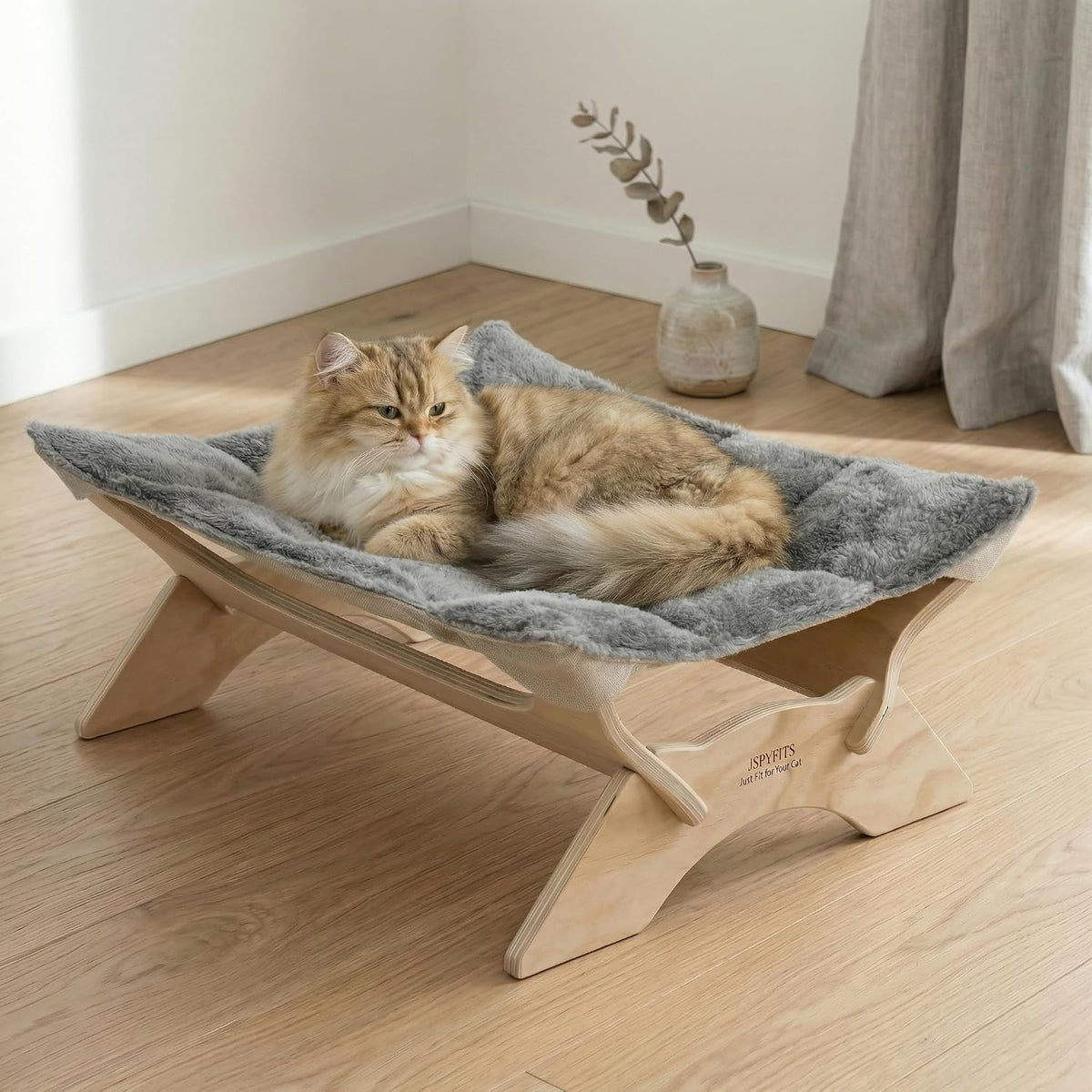 JSPYFITS Elevated Cat Bed Hammock, Raised Cat Bed with Dual-Sided Plush & Linen Cushion, Machine Washable & Breathable Cover Tool Free Easy Assembly, up to 66Lbs (Gray)