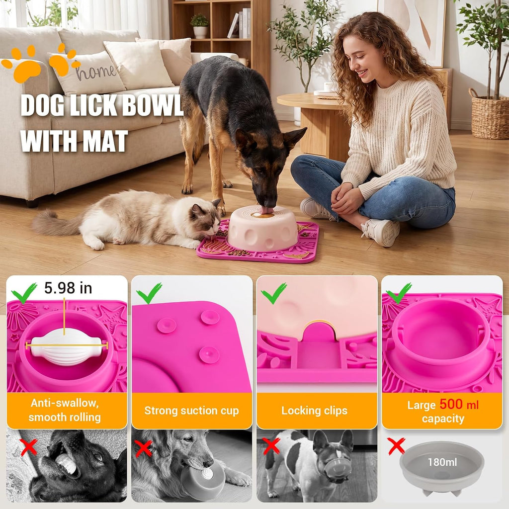 Slow Feeder Dog Bowl with Rolling Ball, 2 in 1 Dog Lick Bowl with Mat