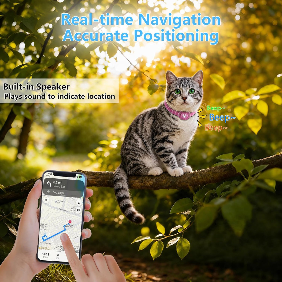 2-in-1 GPS Tracker for Cats: Smart Pet Collar with Real-Time Tracking,No Monthly Fee/Subscription (iOS & Android) Waterproof, Anti-Lost,365-Day Long Battery Life GPS Tracker Cat Collar (Pink)