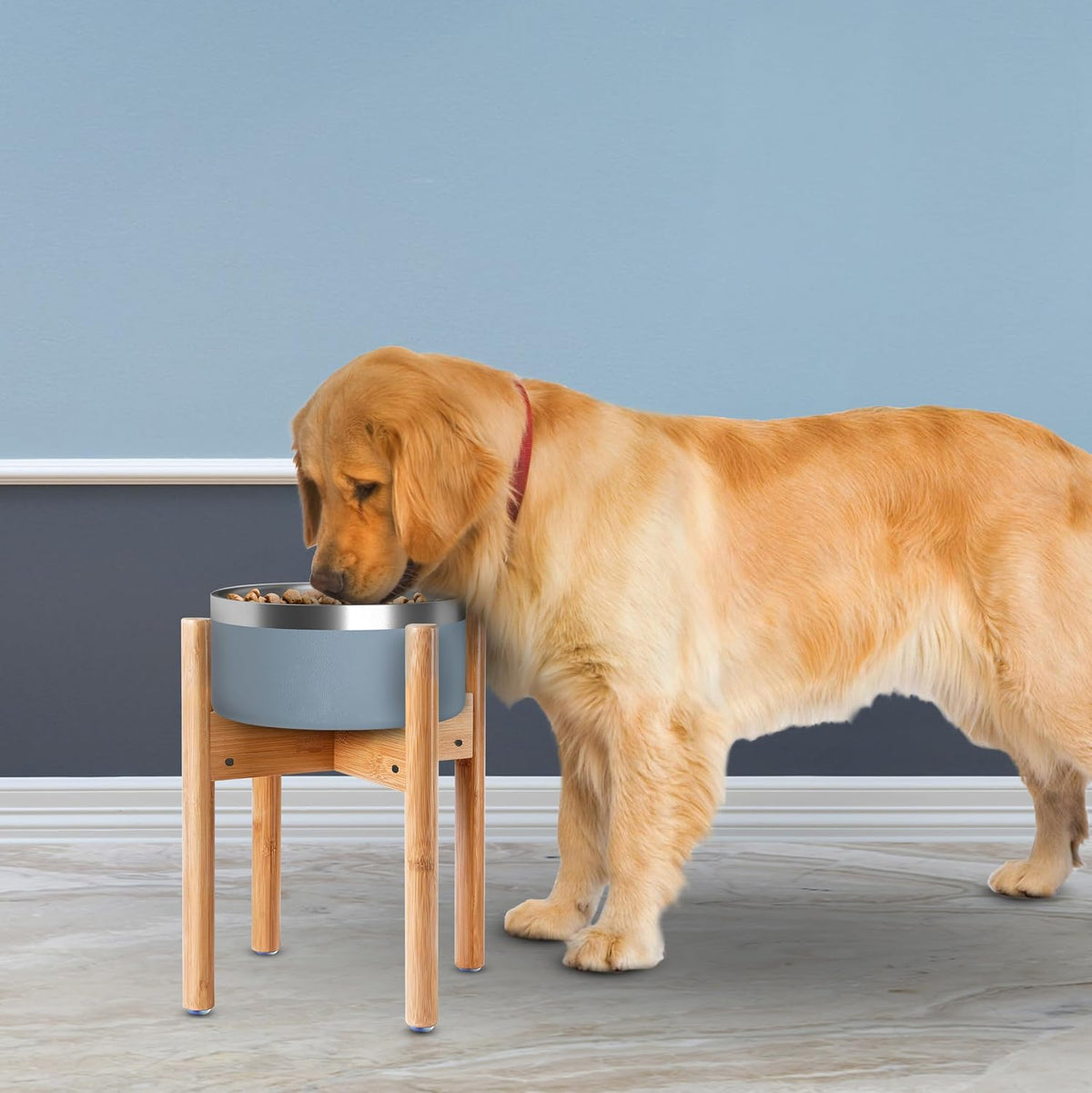 Dog Bowl Stand for Large Dogs - Adjustable, Easy Fold-Down | Use to Elevate Raise Dog Food, Water and Slow Feeder Bowls, Lock-Bolts and Tool Added, Foot-Padded, Bamboo Stand Only 