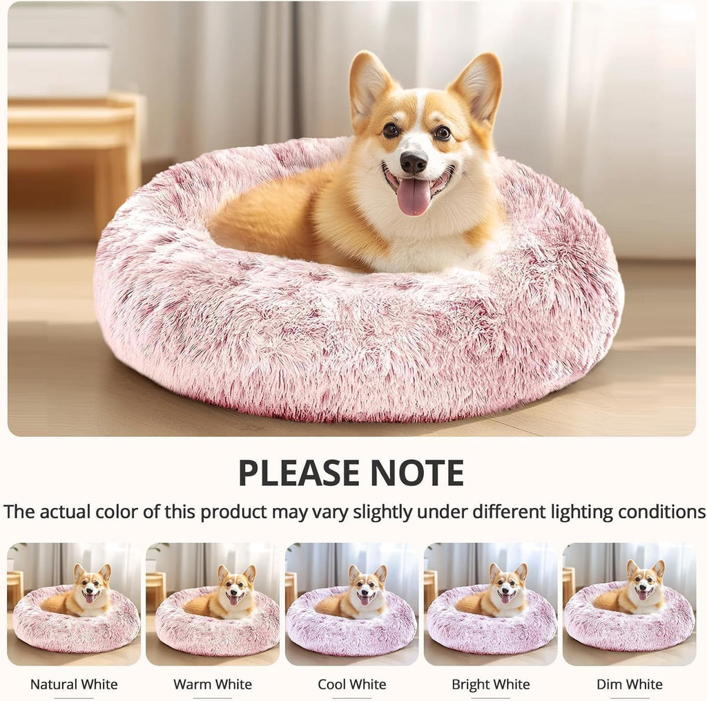 JOLLYVOGUE Calming Small Pink Dog & Cat Bed for Indoor Cats - 20 inches Washable Donut Bed for Kittens & Puppies, Anti-Anxiety Round Fluffy Plush Pet Beds (Fits up to 15 lbs, Smoke Pink)