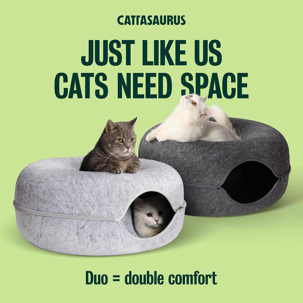Cattasaurus Peekaboo Cat Cave Donut for Multiple & Large Cats up to 30-45 lbs, 3-in-1 Self Warming Cat Bed, Tunnel & Scratcher for Indoor Cats, Washable & Detachable (Light Gray + Dark Gray, Large)