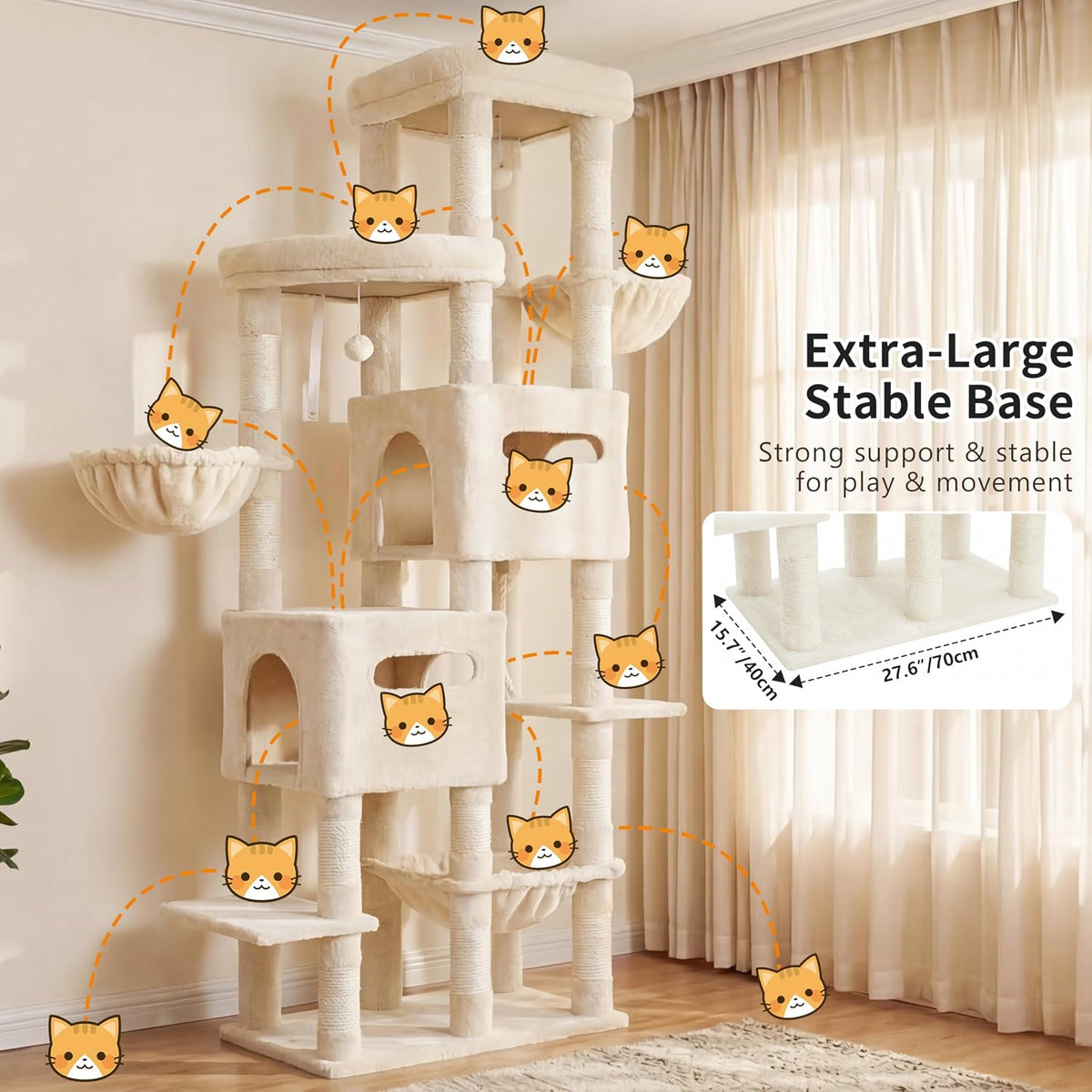 Heybly Cat Tree, 74.8-Inch Spacious & Tall Cat Tower for Large Cats HCT062MJ