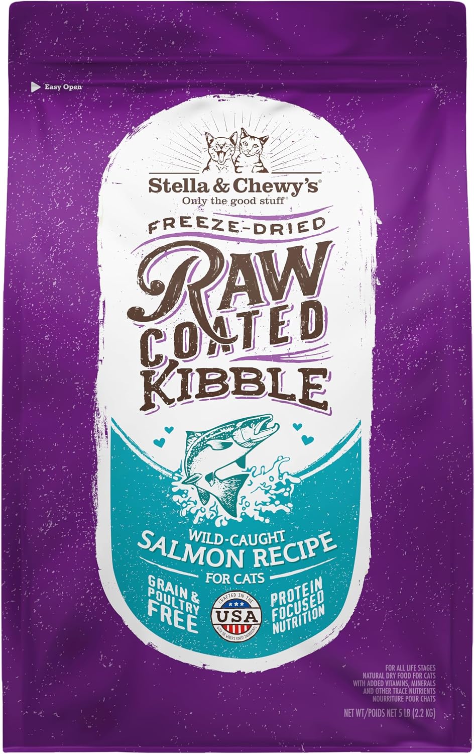 Stella & Chewy's Raw Coated Cat Food - High Protein, Grain-Free Kibble with Wild-Caught Salmon - Premium Digestive Support with Probiotics - Natural Small Kibble - Perfect For Picky Eaters - 5 lb Bag