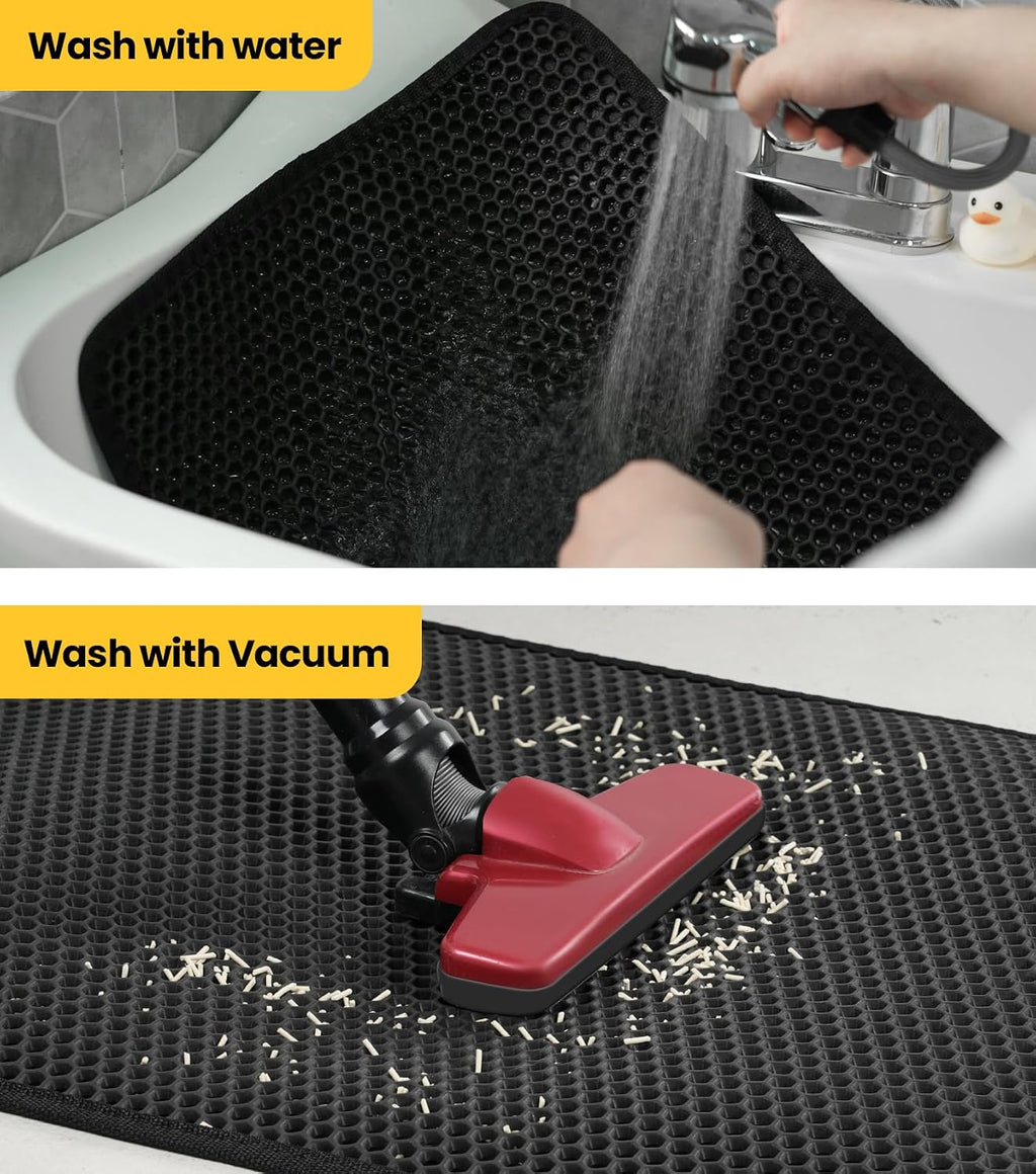 Cat Litter Trapping Mat, 27"x19" Universal Fit Litter Box Floor Mat, Hexagon Grids & Anti-Leak Base, Machine Washable, Non-Slip Kitty Mat for Most Homes, Black