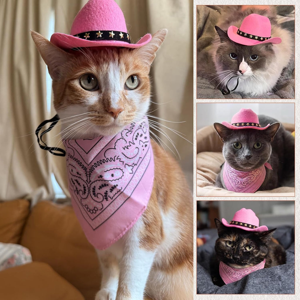 Pet Cowboy Costume, Dog Cowboy Hat with Bandana Scarf, Adjustable Cat Cowboy Hat for Party Cosplay Christmas, Halloween Cowboy Costumes for Small Pet Dogs Cats (Pink, Medium)
