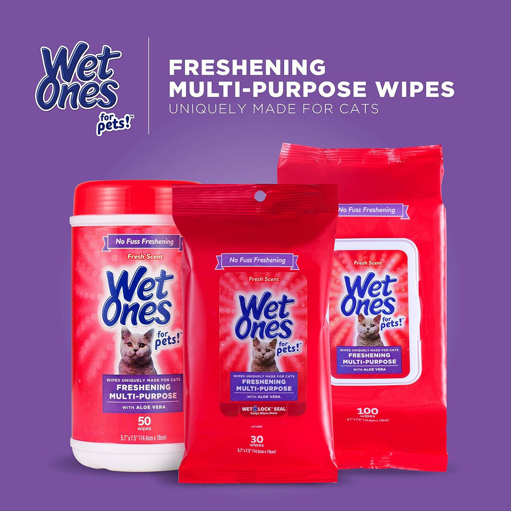 Wet Ones for Pets Freshening Multipurpose Cat Wipes, Fresh Scent, 100 Count | Aloe vera formula, moisture-lock seal keeps cloths clean, suitable for daily grooming between baths 