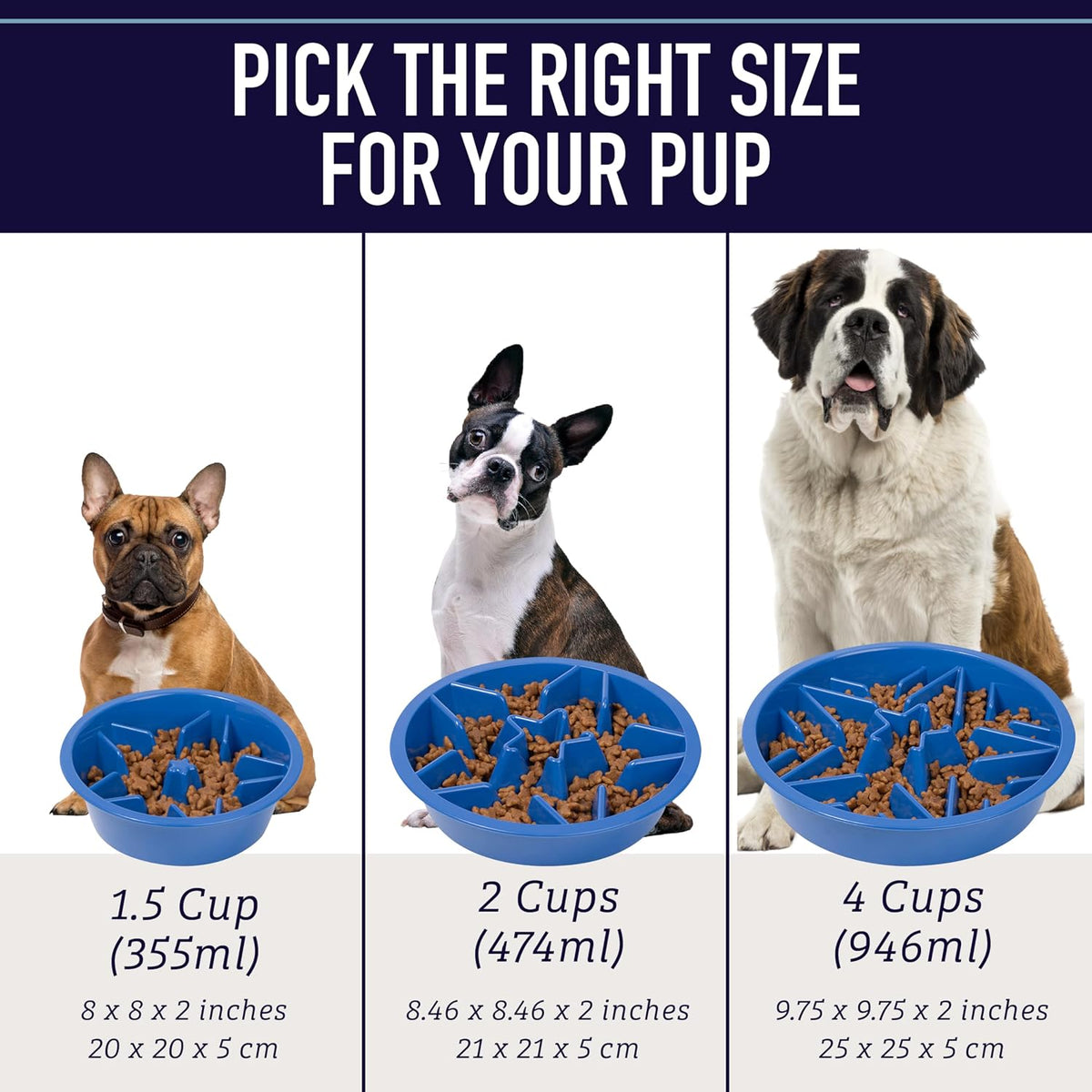 Leash Boss 2-Pack Slow Feeder Dog Bowls, 2 Cup, Stainless Steel, White