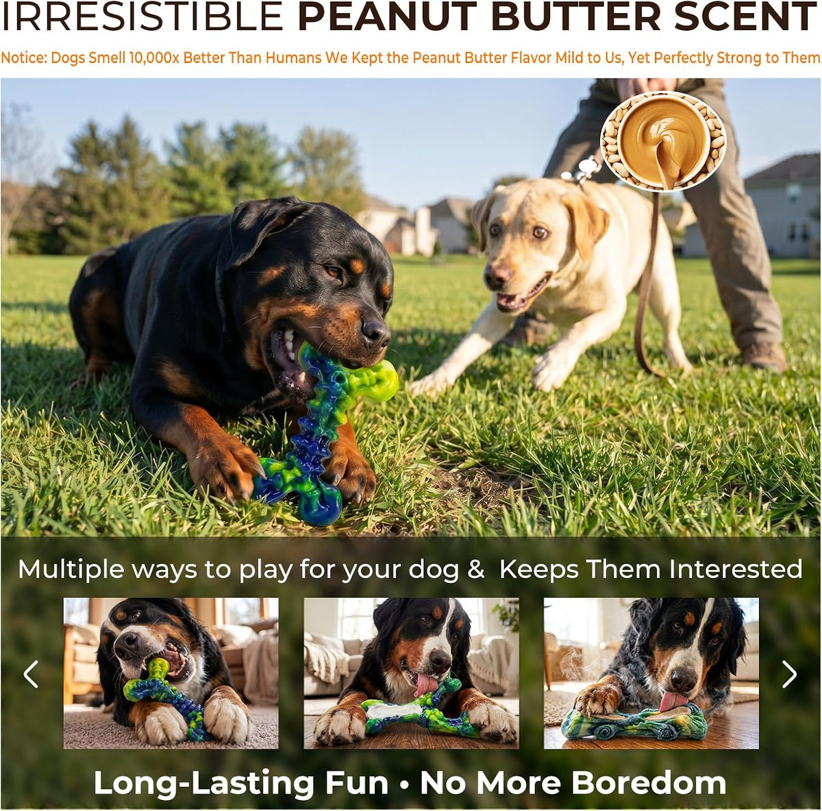 Kseroo Dog Chew Toys, 3-Pack, Peanut Butter, Medium & Large Dogs, Green | Indestructible, Heavy Duty, Rock-Hard Solid Nylon Bones for Medium/Large Dogs 25-100lbs, Tough, Long-Lasting, Keep Them Busy