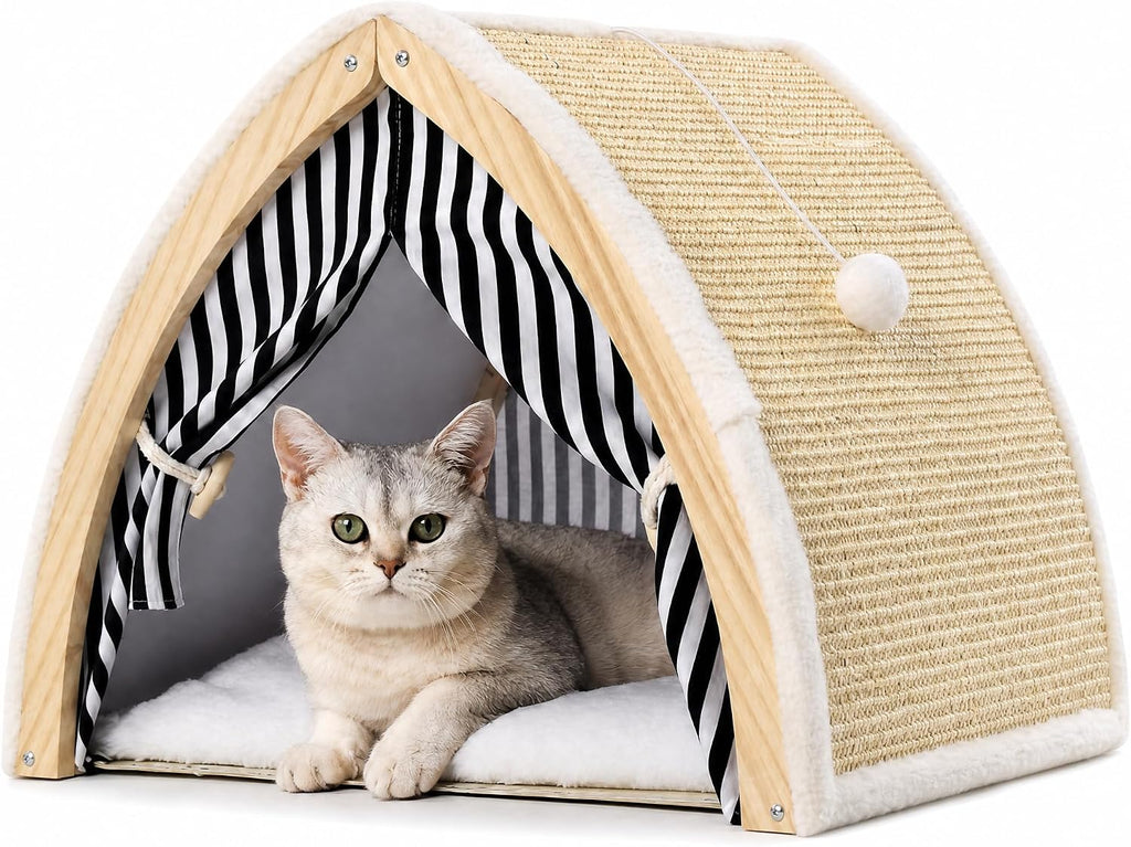Cat House, Cat Beds for Indoor Cats, Cat Scratchers with Sisal Scratching Board, Cat Scratcher Bed with Fluffy Ball Hanging, Cat Condo 20x16x16 inches