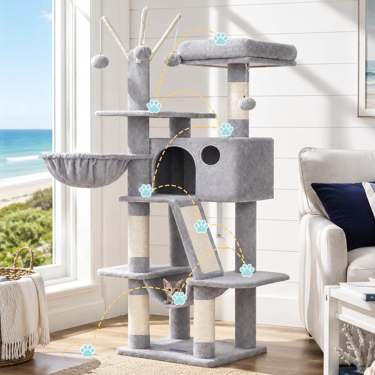 Hey-brother Cat Tree Tower with Padded Platform Bed, Hammock, MPJ019-SW