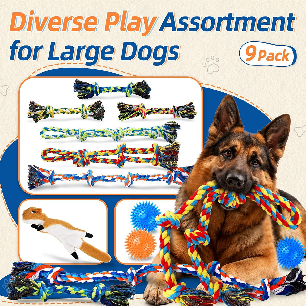 Forfon 9 Pack Dog Rope Toy Set for Large Dogs, Tough Dog Chew Toys for Aggressive Chewers, Interactive Tug of War Toys with Squeaky Plush & Squeaky Balls for Teeth Cleaning & Chewing