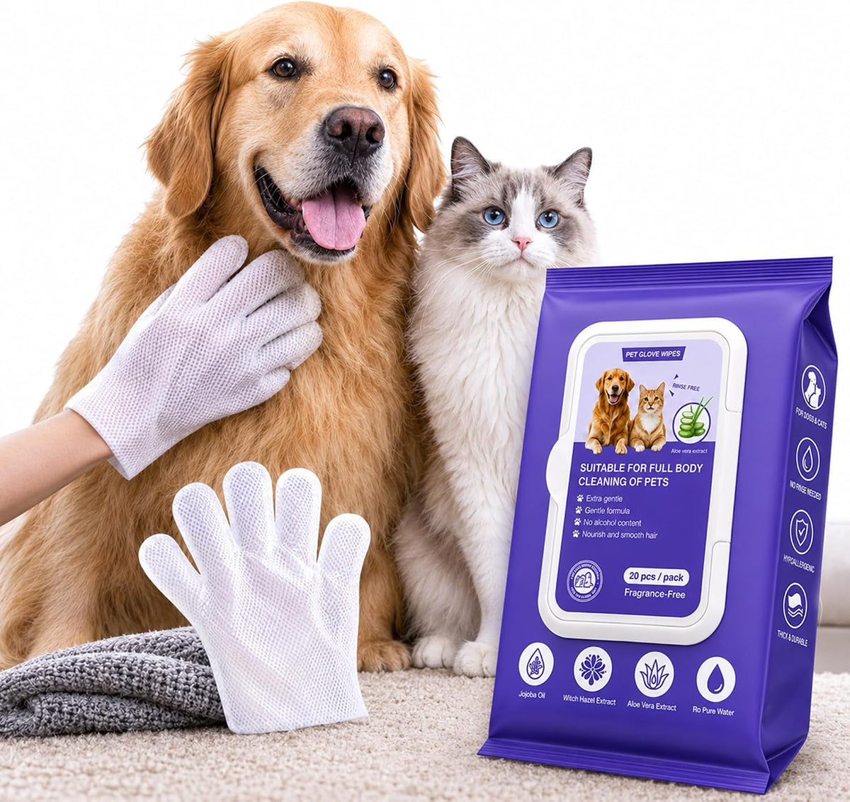 LEVOS 20PCS Pet Glove Dog Cats Wipes Paws and Butt Bath Waterless Cleaning