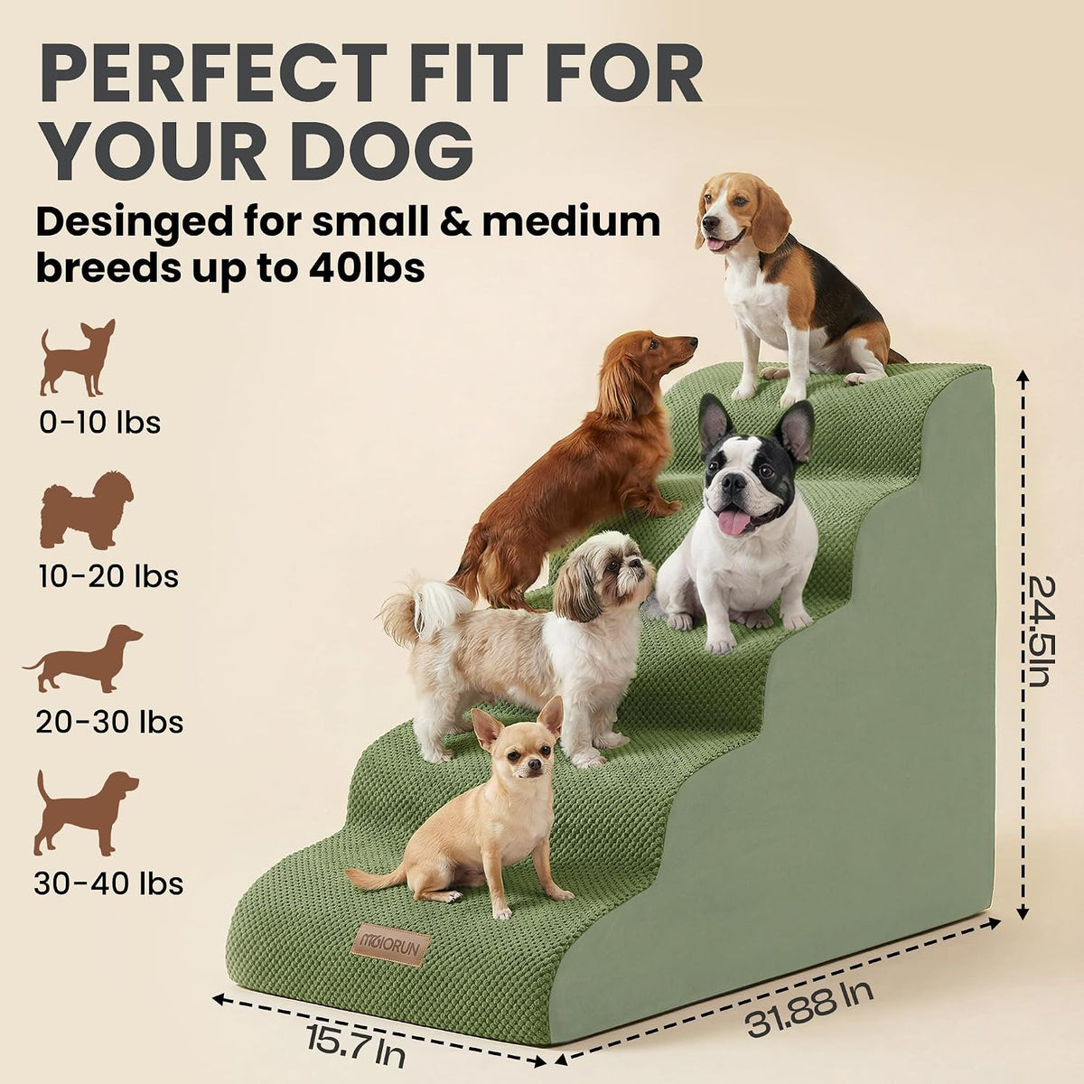 Miorun Dog Stairs for High Beds, 24.5" Foam Pet Ramp Step for Small Dogs