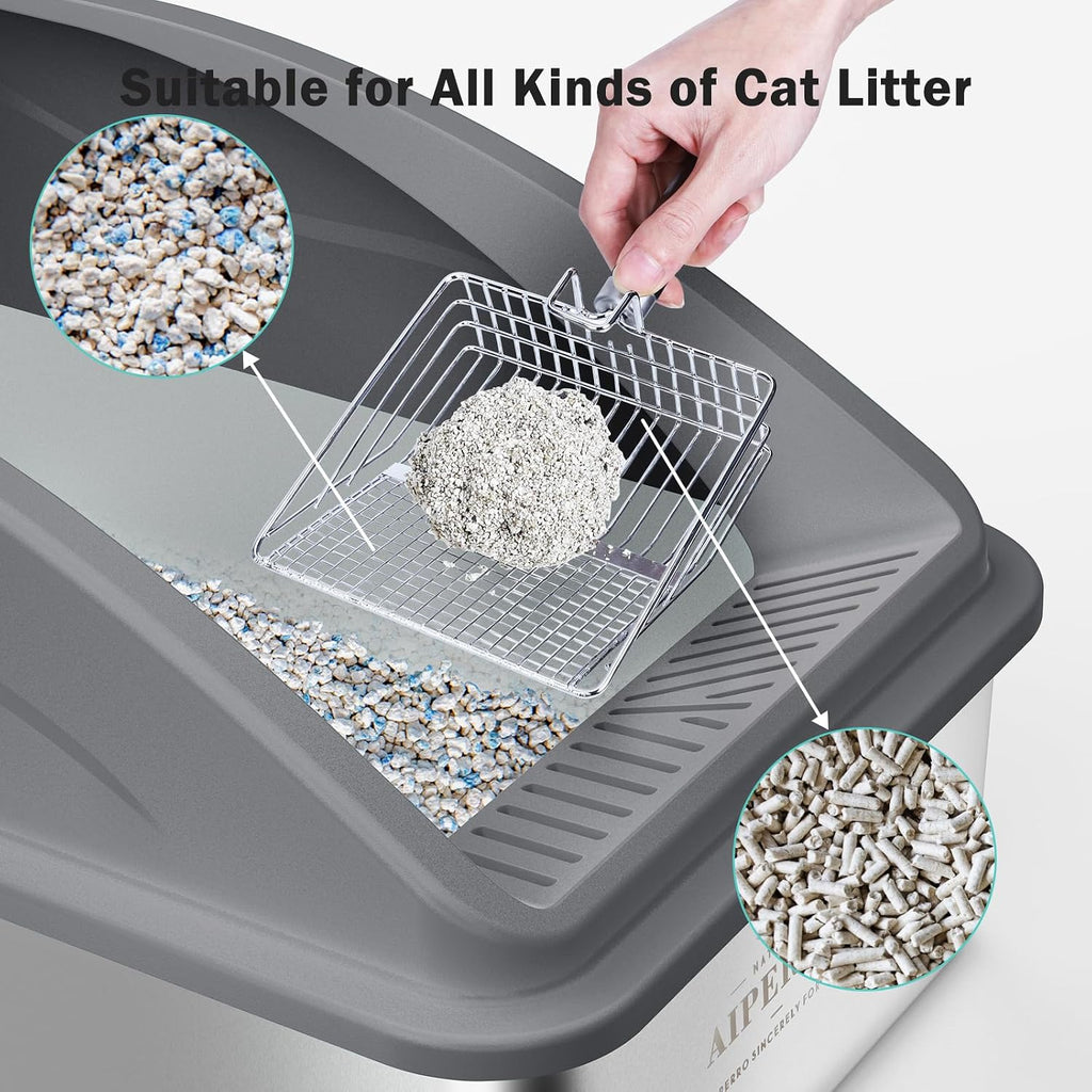 AIPERRO Stainless Steel Litter Box | XL Metal Cat Litter Boxs with Lid | Enclosed High Sided for Big Cats | Anti-Urine Leakage | Non-Stick & Easy to Clean with Litter Mat & Metal Scoop (Dark Gray)