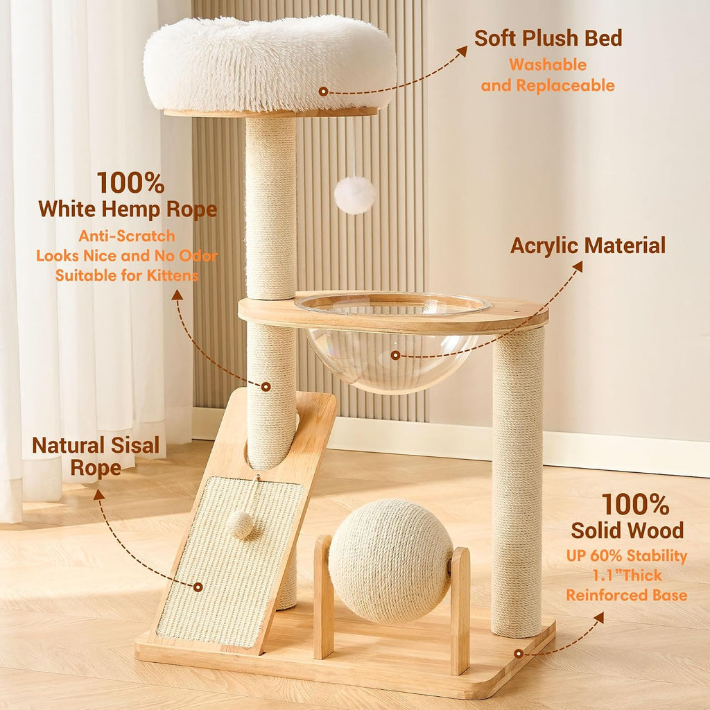 HITTITE Solid Wood Cat Tree Tower with Scratching Post, 37.8 Inches Tall Cat Towers with Scratching Board and Scratcher Ball, Modern Cat Tower With Space Capsule and Removable Top Bed for Indoor Cats.