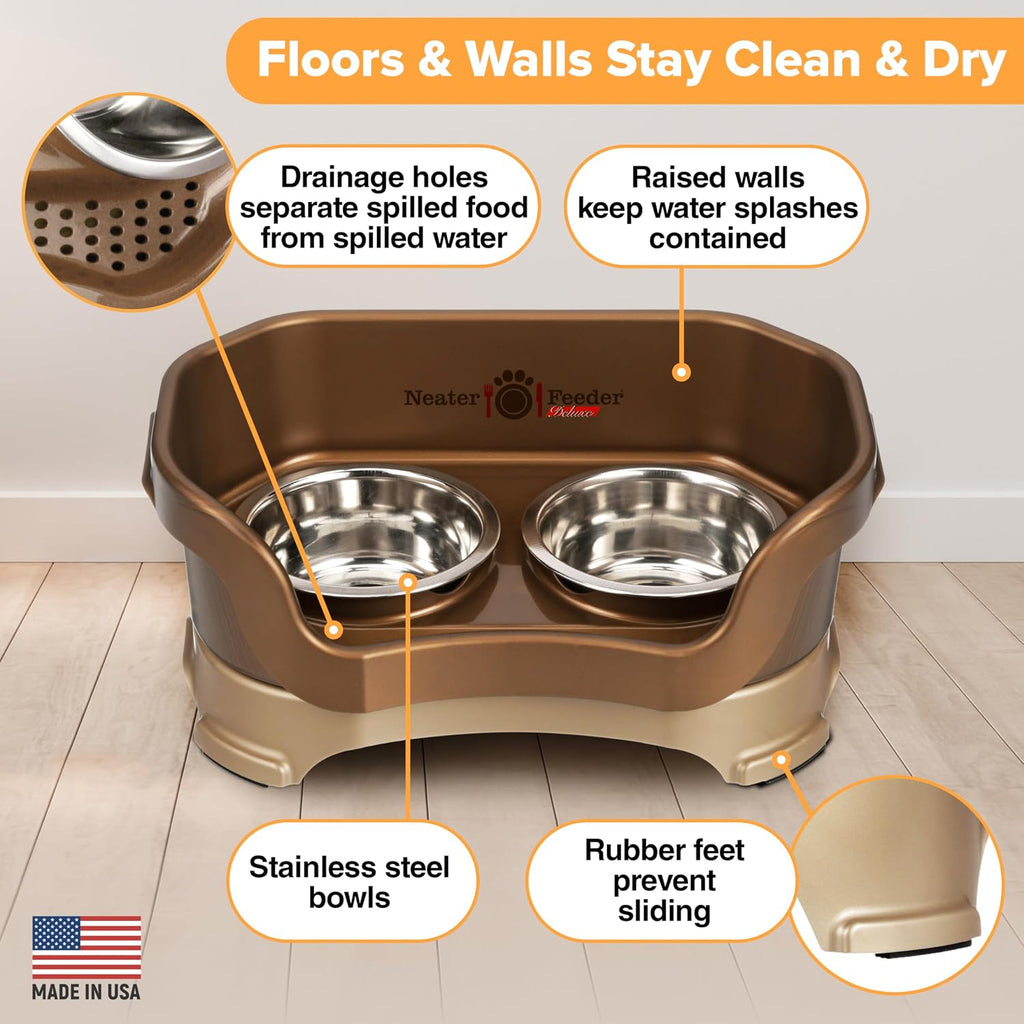 Neater Pet Brands Neater Feeder Deluxe Mess Proof Cat Bowls Elevated, Made in USA, No Spill Raised Bowls for Indoor Cats, Stainless Steel Food and Water Bowl Set, Pet Dish Feeding Station, Bronze 