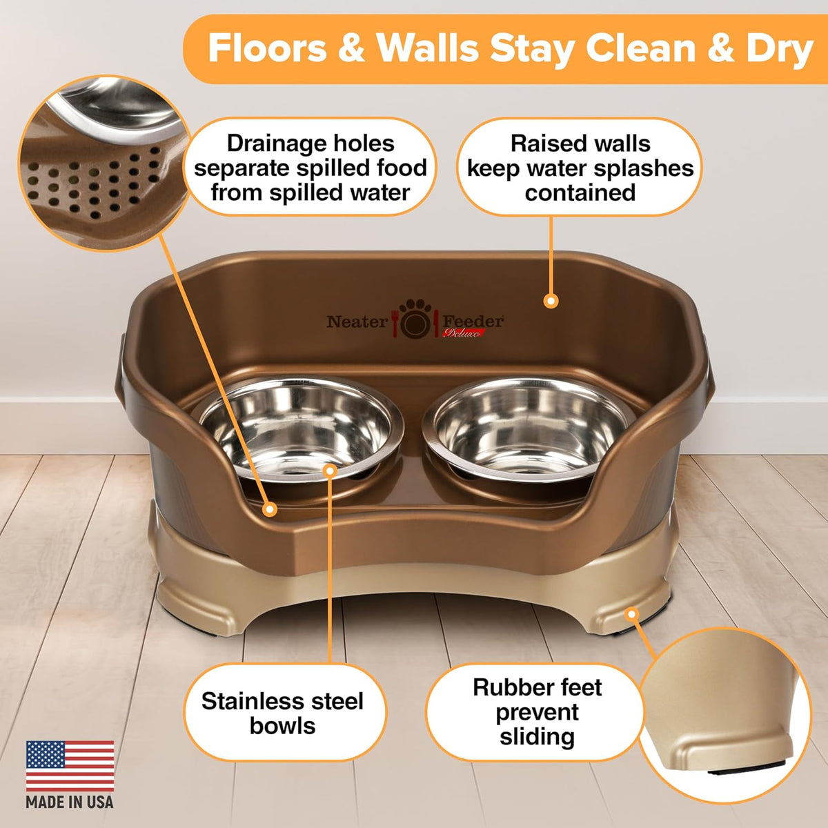 Neater Pet Brands Neater Feeder Deluxe Mess Proof Cat Bowls Elevated, Made in USA, No Spill Raised Bowls for Indoor Cats, Stainless Steel Food and Water Bowl Set, Pet Dish Feeding Station, Bronze 