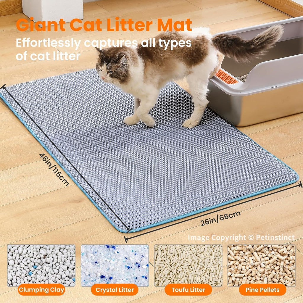 Extra Large Cat Litter Mat XXL, Double Layer Honeycomb, Blue | 46x26”, Reduces Litter Tracking, Easy to Clean, Waterproof, Non-Slip, Soft on Paws, Scratch Resistant, Blue, XXL
