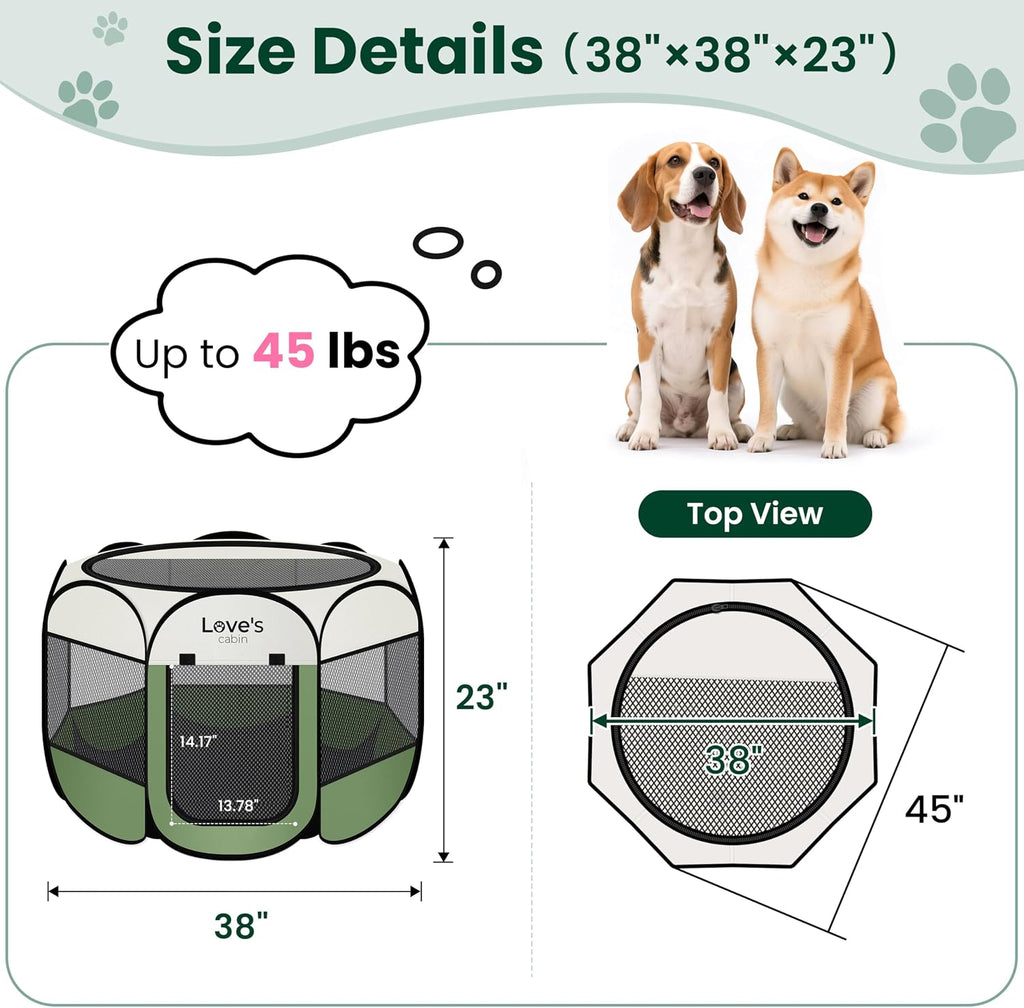 Love's cabin Pet Puppy Dog Playpen, Large Dog Tent Crates Cage Indoor/Outdoor, Portable Playpen for Cat, Foldable Pop Up Dog Kennel Playpen with Carring Case, Removable Zipper Top, Olive Green