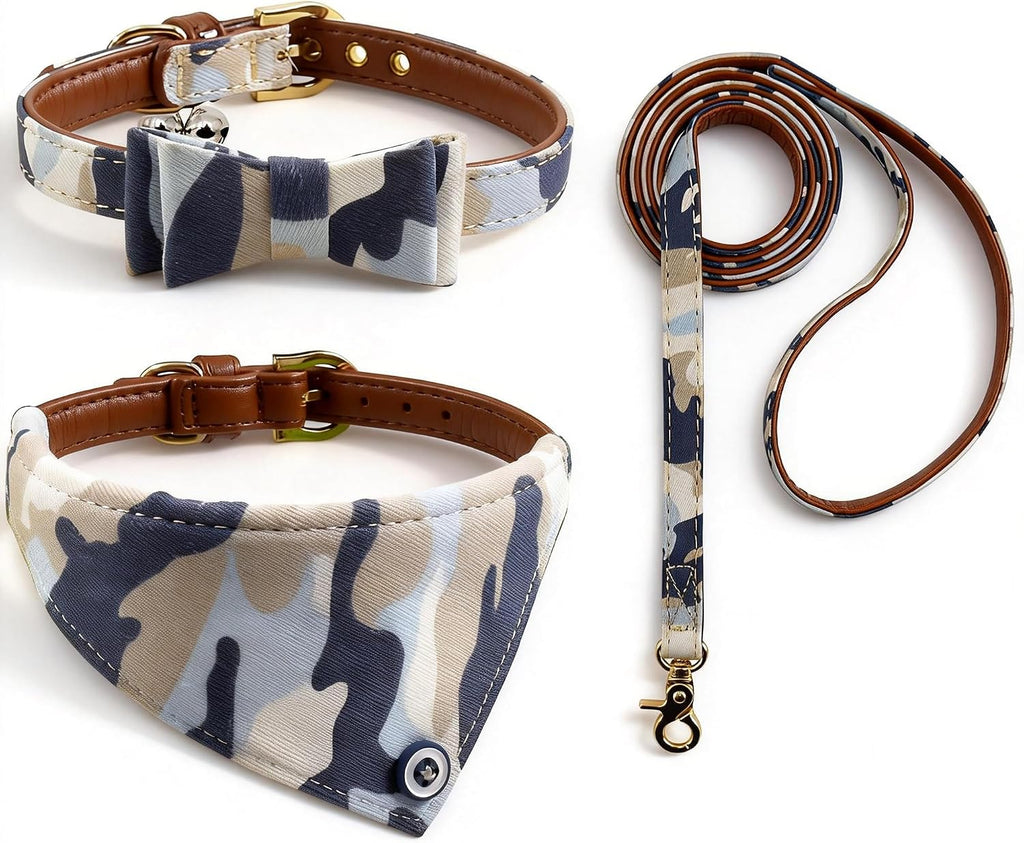 3PCS Bow Tie Dog Collar and Leash Set Plaid/Camo/Dots/Flower Dog Bandanas with Bell 3 Size Adjustable for Small Dogs Puppies and Cats (S, Camo 3)