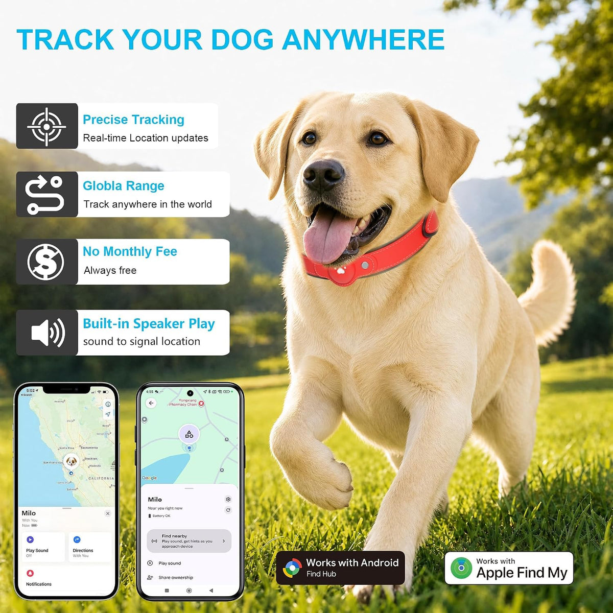 GPS Tracker for Dogs, Dog GPS Tracker, Pet Location Tracker with Collar, Real-Time Tracking, No Monthly Fee or Subscription, Waterproof, 365-Day Long Battery Life, Dog Tracking Device, iOS & Android