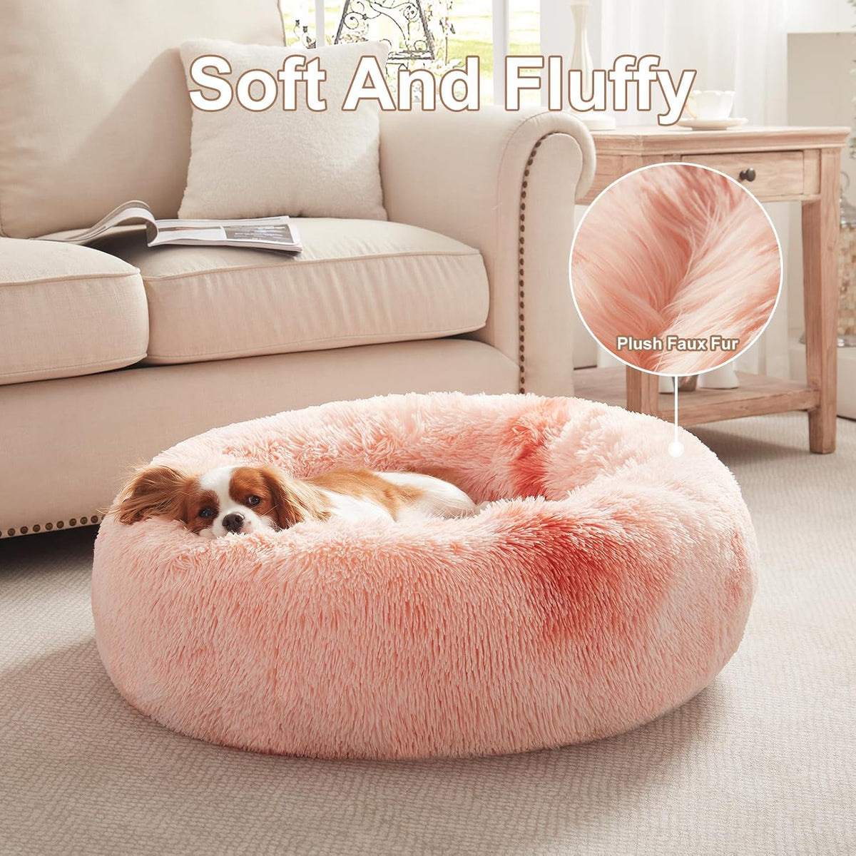 30 in Faux Fur Fluffy Donut Dog Bed for Medium Dogs,Tie-dye Pink