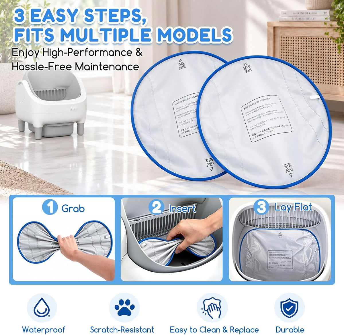 2Pcs Waterproof Pads for Self Cleaning Cat Litter Box with 30 Liner Bags