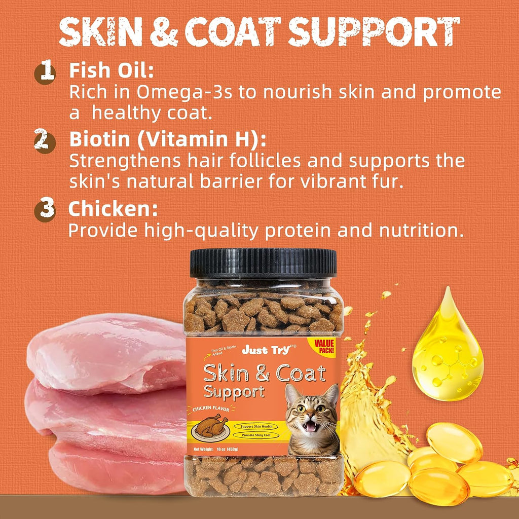 Just Try Skin & Coat Support Cat Treats,Omega 3 Salmon Oil