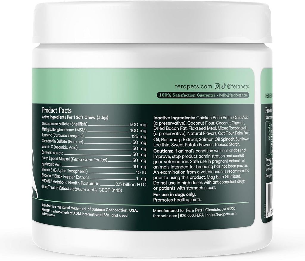 Fera Pets Hip & Joint Supplement for Dogs with Glucosamine, 90 Soft Chews