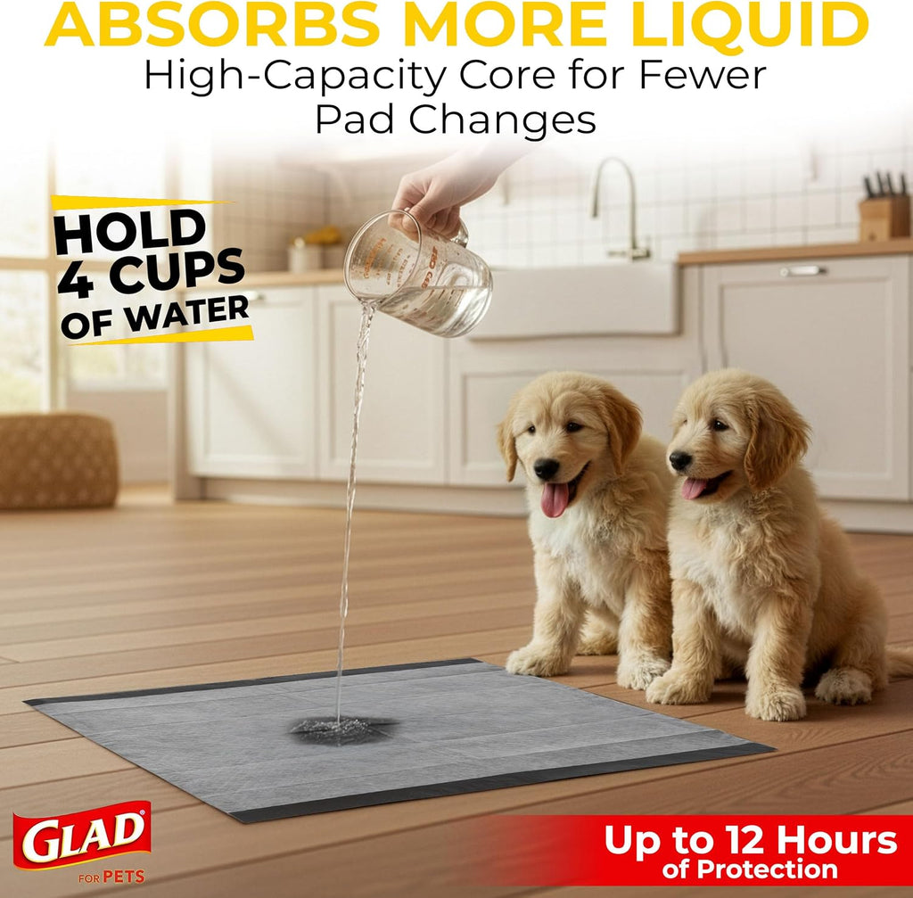 Glad for Pets Activated Carbon Disposable Dog Training Pads, 50 Count | Ideal for puppies, senior dogs, incontinence, and post-surgery, ultra-absorbent, keeps floors & crates dry, 23 x 23 in