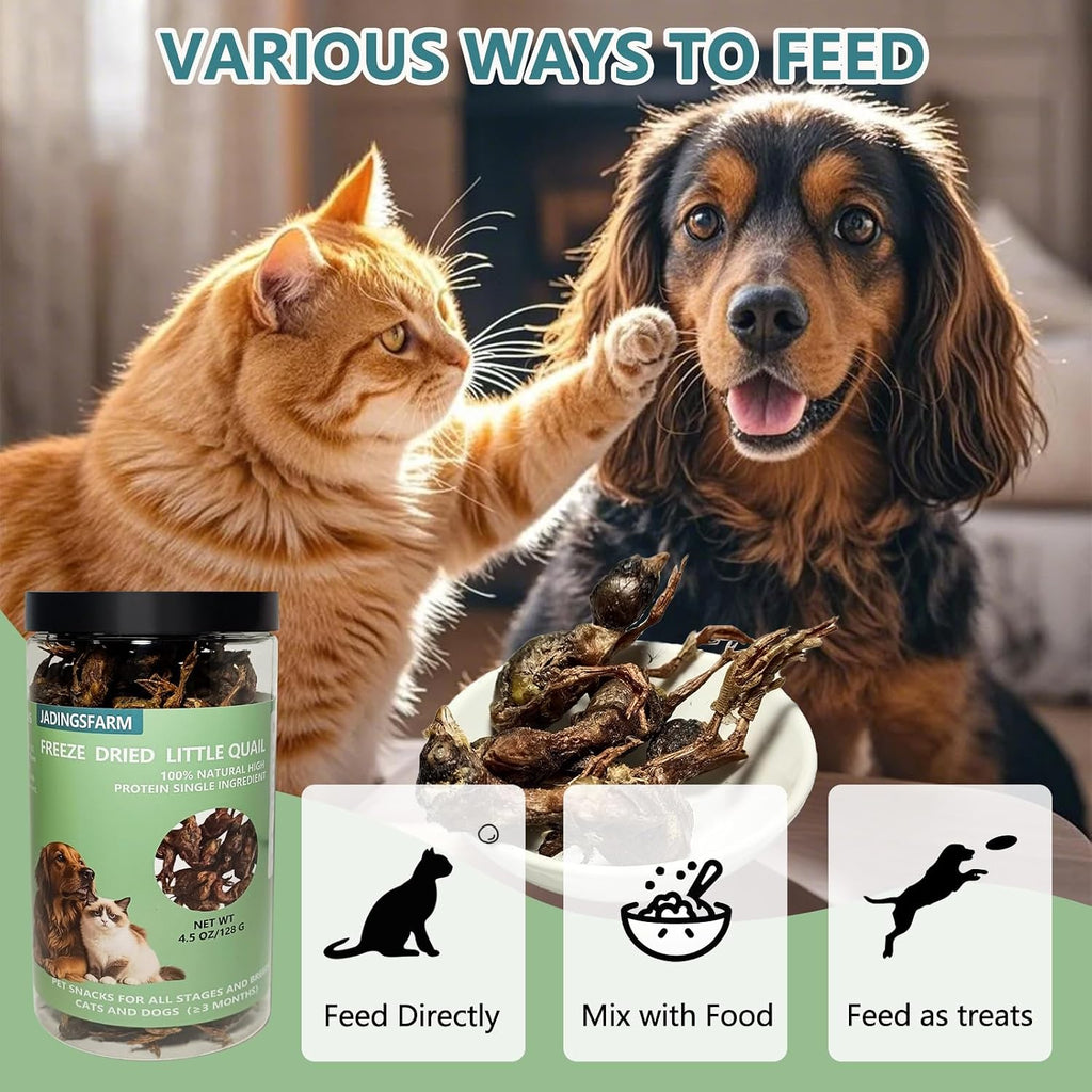 Freeze Dried Little Quail, 4.5 Oz Quail Dogs Cat Treats, Single Ingredient Freeze Dried Cat and Dog Treats Delicious Training Snacks, Natural Food Healthy Animal Protein Pet Food